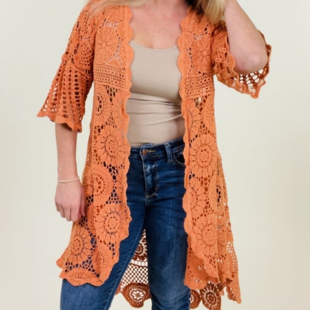 Women's OS Plus size Crochet kimono/cardigan in Rust - Picture 6 of 6